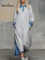 Women's Solid Color Patchwork Plaid Print Shirt Collar Long-sleeved Casual Loose Dress