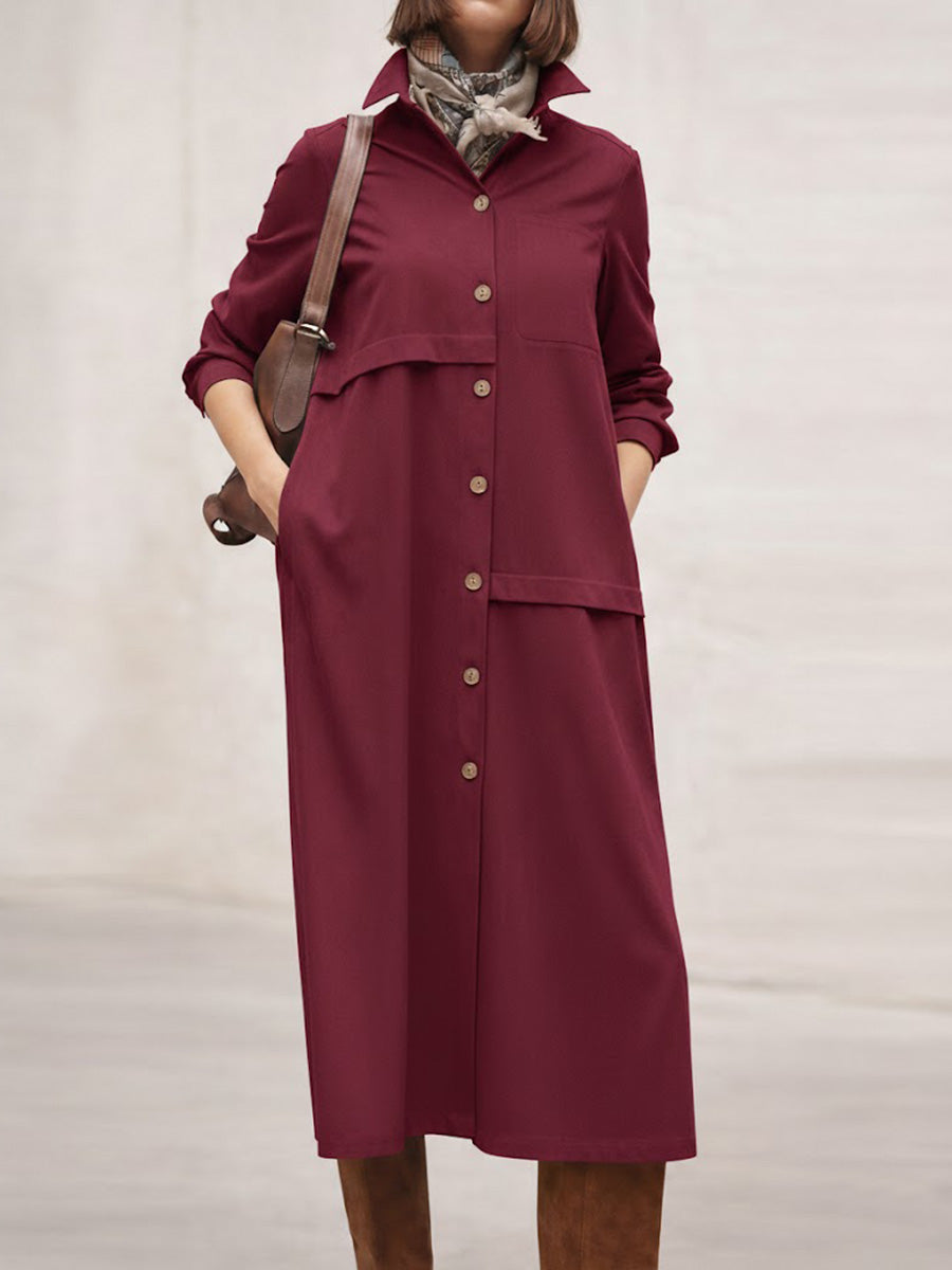Women's Solid Color Lapel Long-sleeved Casual Loose Cotton And Linen Shirt Dress