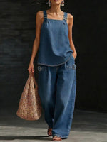 Women's Casual Denim Set: Square-neck Sleeveless Loose-fit Top & High-waisted Wide-leg Pants