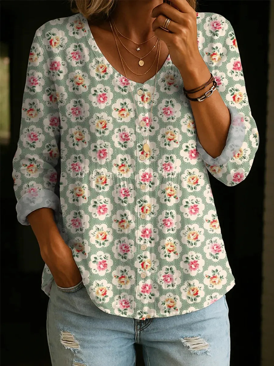 Women's Vintage Floral Pattern Art Print Casual Cotton Linen Shirt