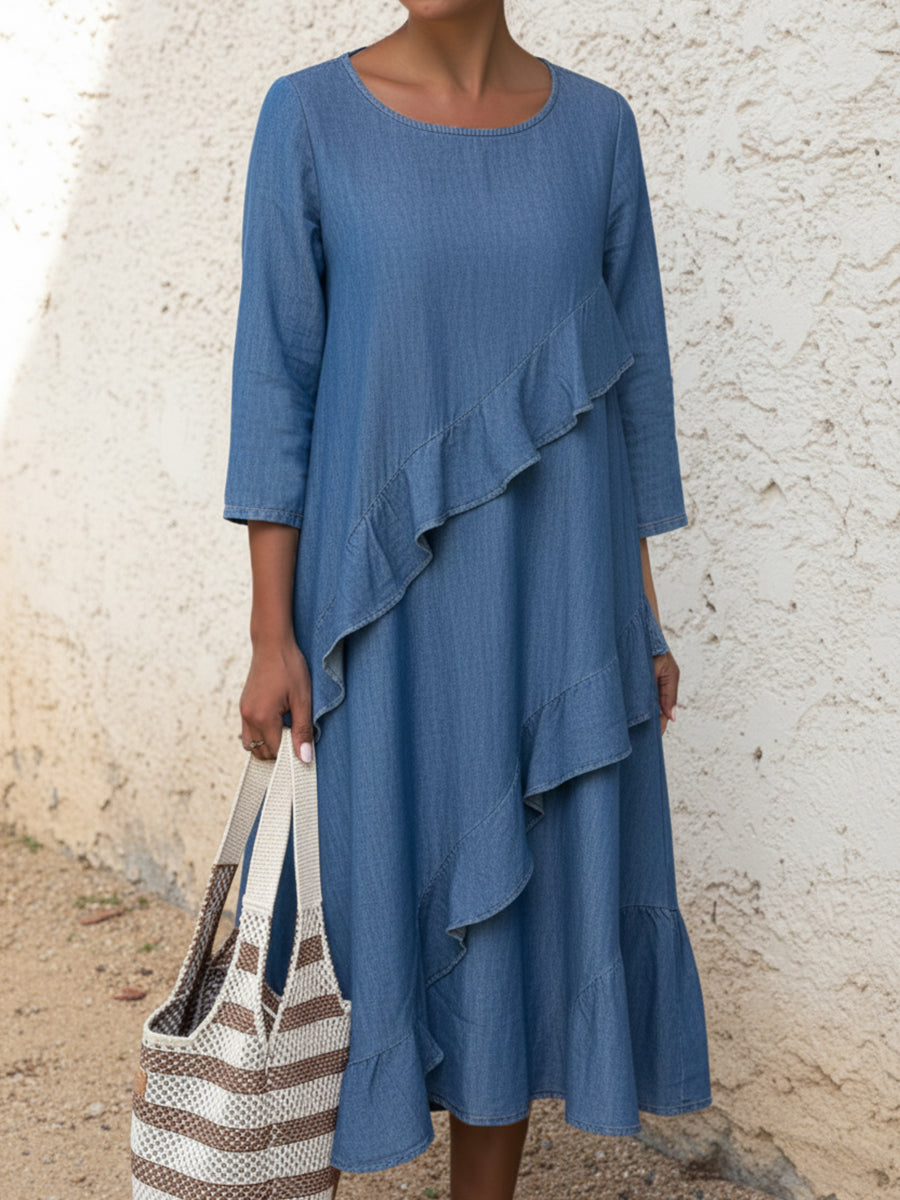 Elegant Multi-layered Ruffled Denim Cotton Dress