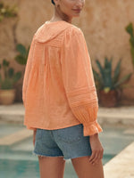Bohemian Frill Front Button Down Shirt, Puff Sleeve Hollow Out Eyelet Peasant Blouse For Vacation Daily Wear
