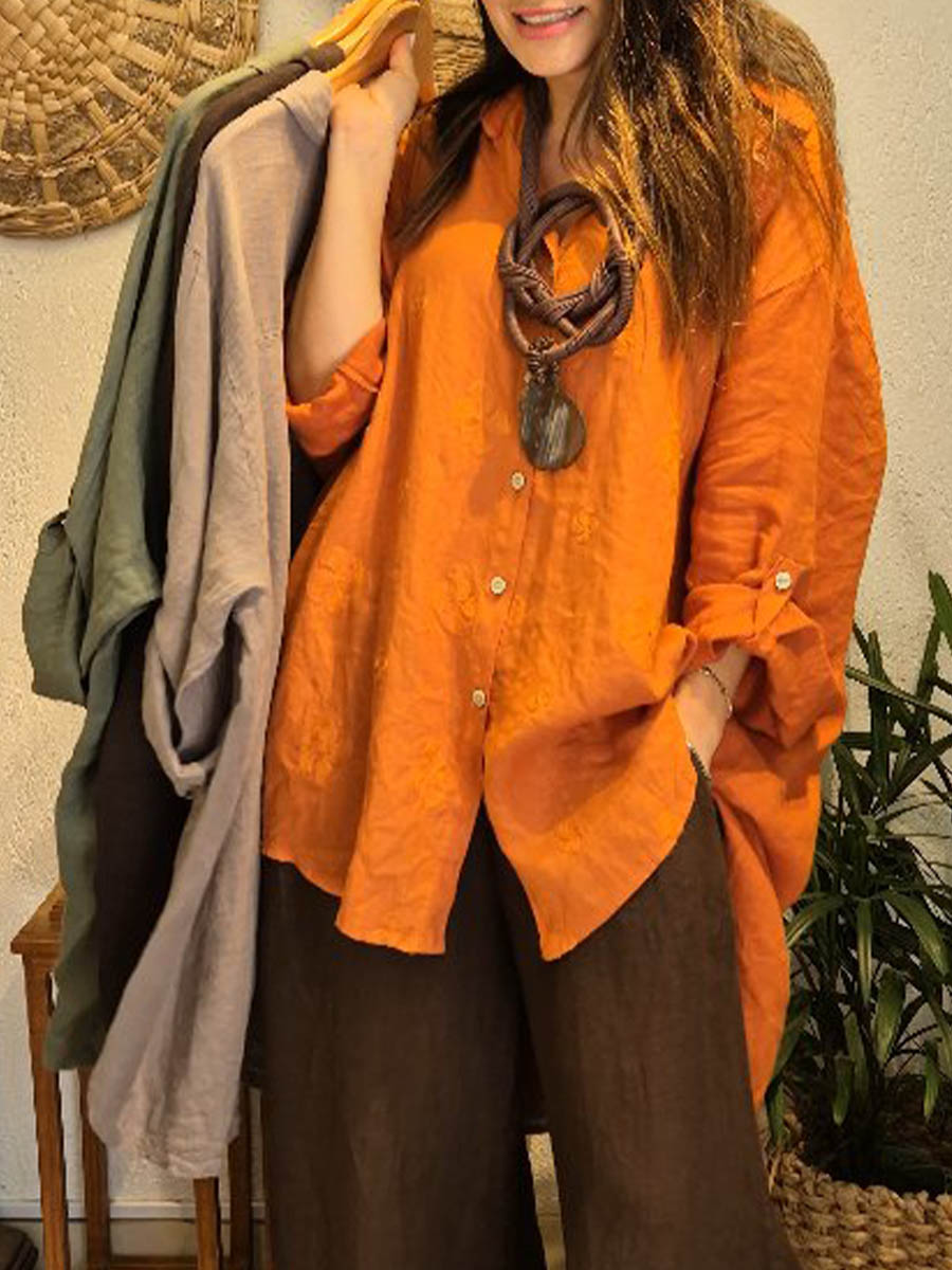 Women's Casual Loose Cotton-linen Cardigan With Shirt Collar And Long Sleeves