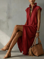 Elegant Ruff Collar Fashion Linen Cotton Midi Dress