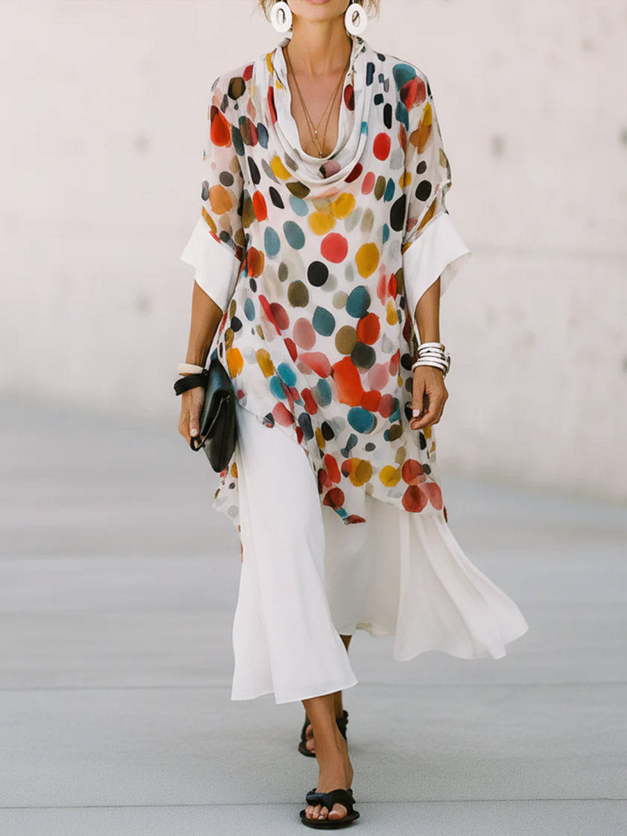 Women's Casual Loose Cotton-linen Dress With Colorful Polka Dot Print Cowl Neck And 3/4 Sleeves