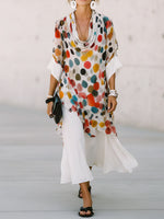 Women's Casual Loose Cotton-linen Dress With Colorful Polka Dot Print Cowl Neck And 3/4 Sleeves
