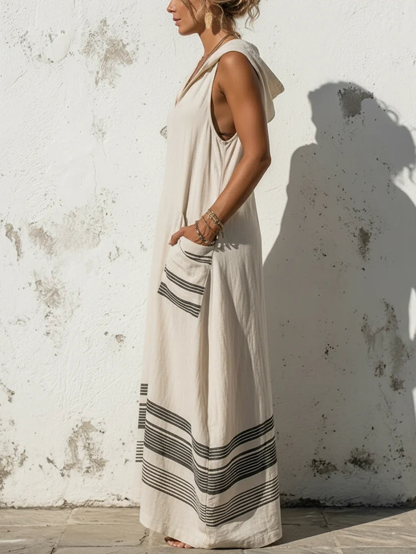 Loose-fit Casual Linen And Cotton Sleeveless Hooded Dress
