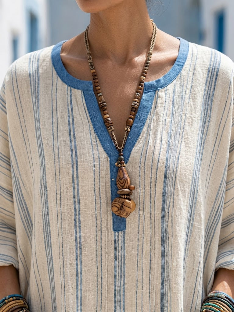 Loose-fit Casual Artistic Striped Linen-cotton Dress
