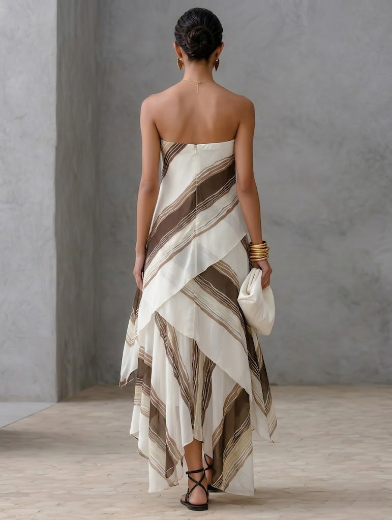 Abstract Striped Strapless Chiffon Maxi Dress