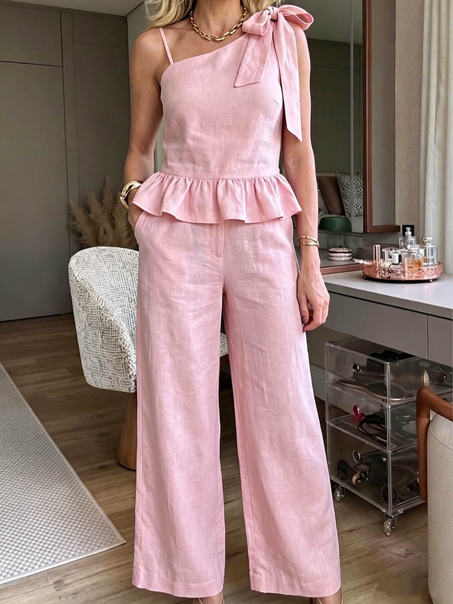 Women's Solid-color Sleeveless Loose-fit Cotton-linen Cami Top And High-waisted Wide-leg Pants Set
