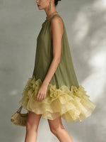 Color-block Chiffon Sleeveless A-line Dress With Ruffled Hem
