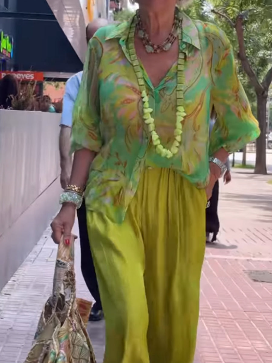 Cozy And Flowy Printed Silk-blend Shirt And Solid-color Trousers Two-piece Set