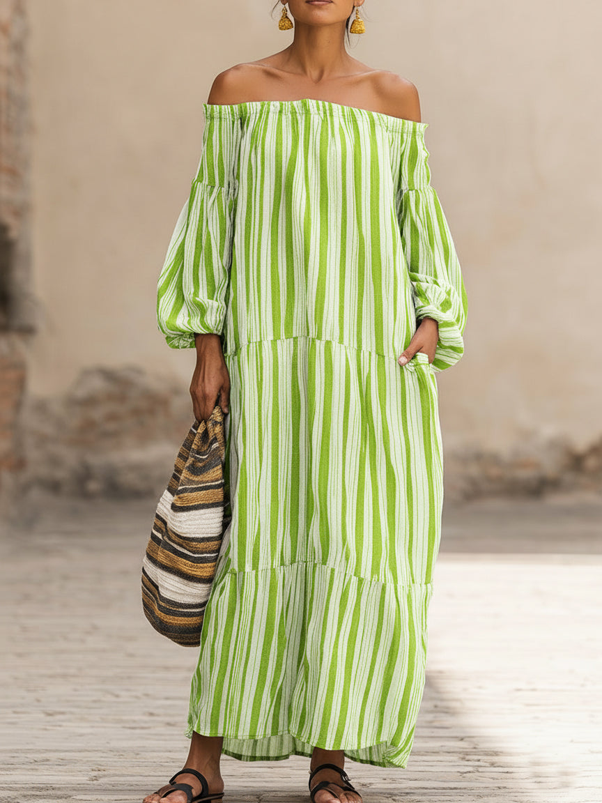 Casual Vacation Off-the-shoulder Striped Linen Dress