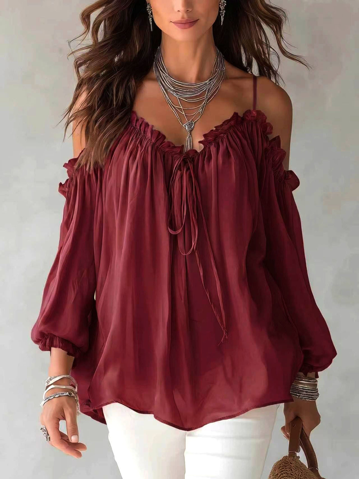 Boho Ruffled Off-shoulder Chiffon Blouse