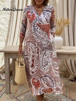 Retro V-neck Paisley Print Linen Midi Dress