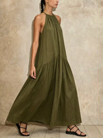 Vestido largo de verano de corte relajado con escote halter, vestido largo holgado sin mangas de mezcla de lino para vacaciones y uso diario.