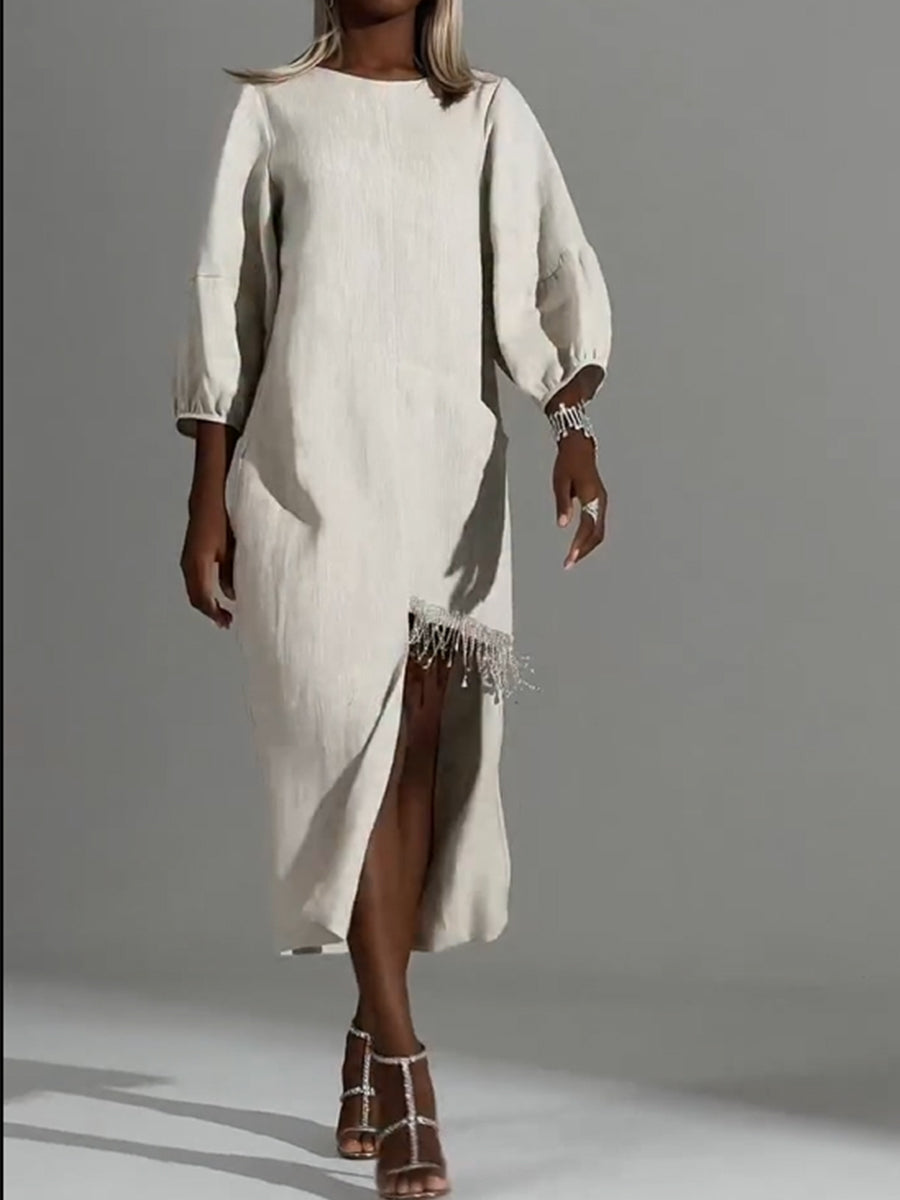 Casual Linen And Cotton Dress With Chain And Rhinestone Embellishments On The Hem