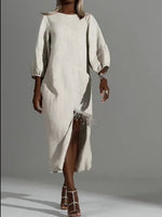 Casual Linen And Cotton Dress With Chain And Rhinestone Embellishments On The Hem