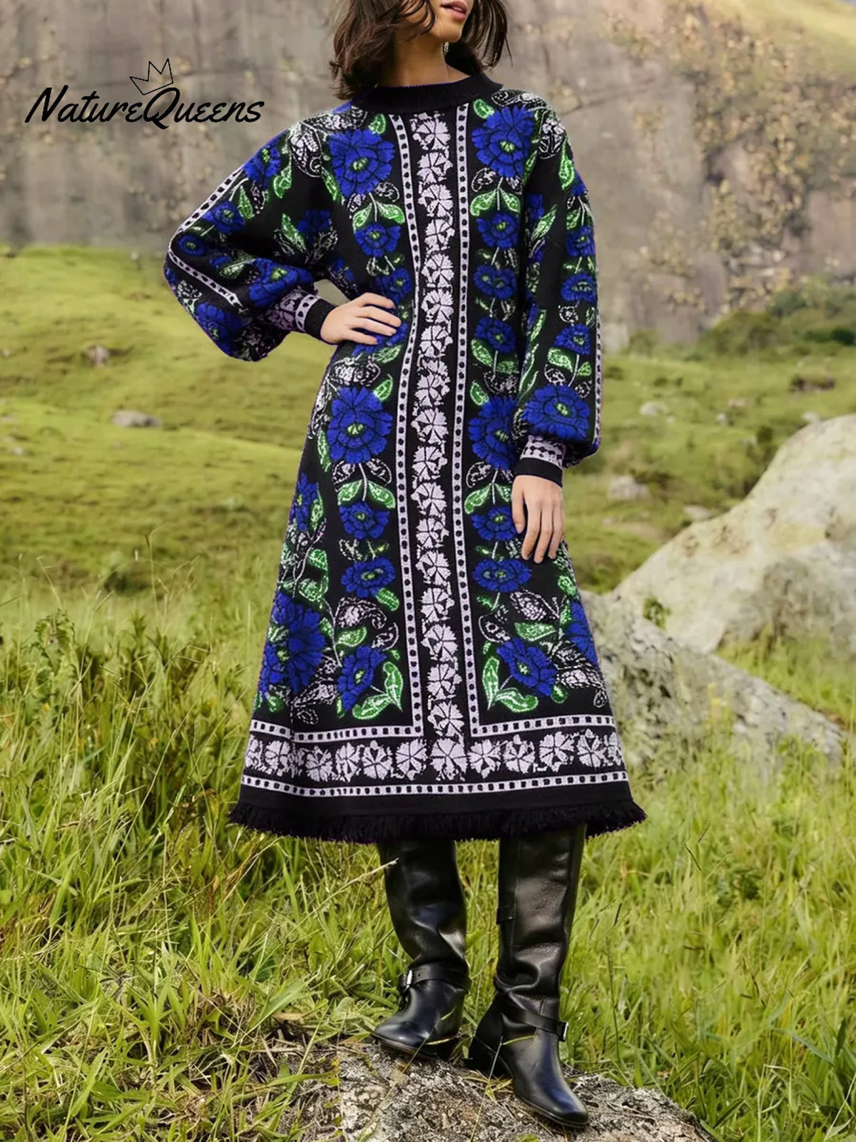 Women's Retro Floral Ethnic Print Stand Collar Long Sleeve Casual Loose Knit Dress