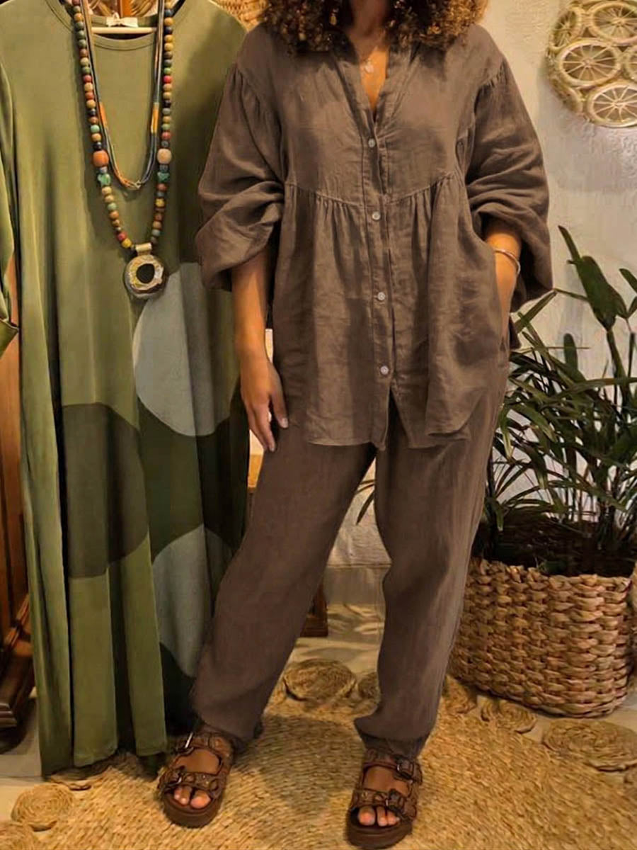 Women's Solid-color V-neck Long-sleeve Loose-fit Cotton-linen Top & Elastic-waist Wide-leg Pants Casual Two-piece Set