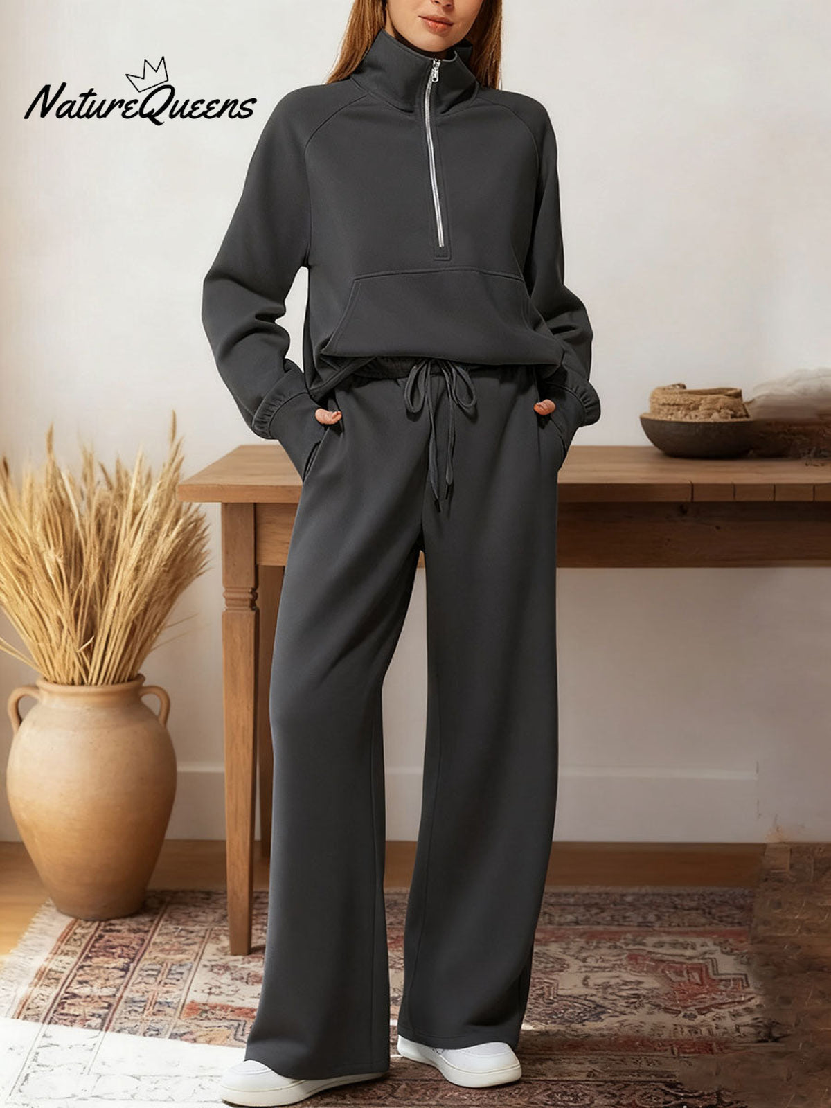 Women's Two-piece Set Half-zip Sweatshirt Wide-leg Pants Casual Suit.