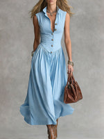 Women's Solid Color Collared Sleeveless Casual Loose Cotton Linen Dress