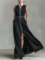 Women's Collared Sleeveless Casual Loose Long Cotton Linen Dress