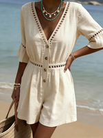 Cozy Cutout Lace Cotton-linen Short Romper Jumpsuit