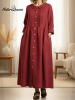 Women's Peter Pan Collar Long-sleeved Cotton And Linen Dress