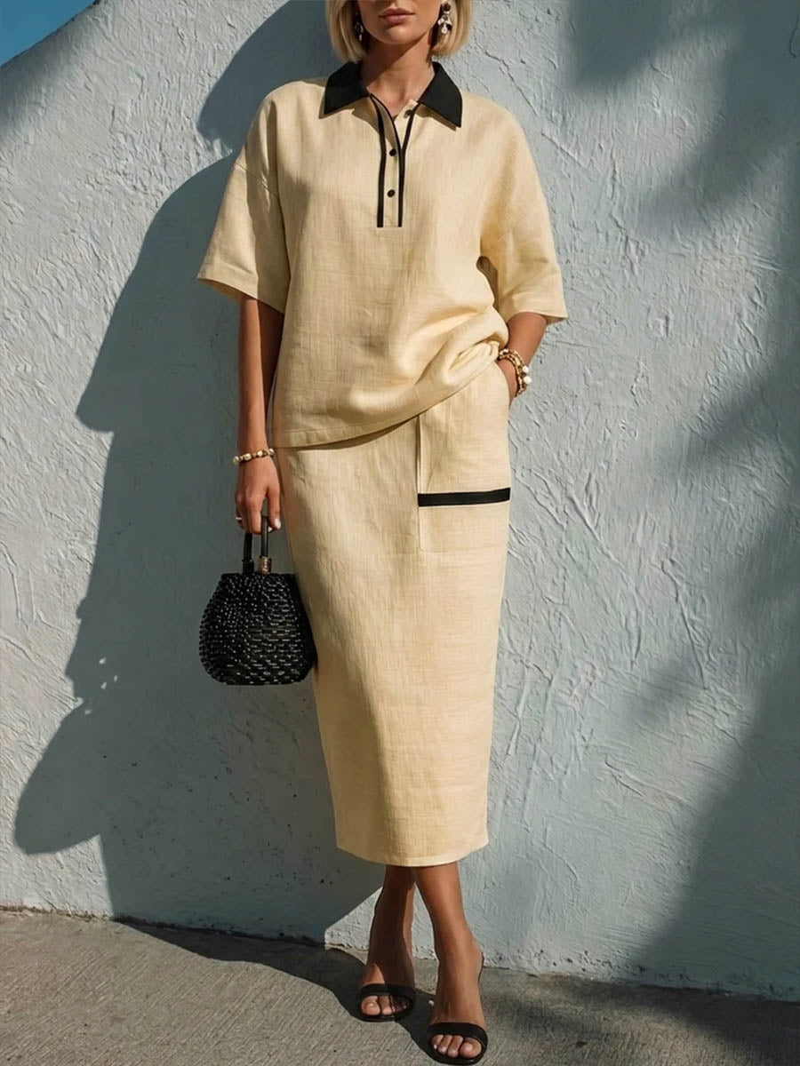 Women's Casual Cotton-linen Set: Loose-fit Short-sleeve Top With Shirt Collar & High-waisted, Loose-fit Skirtwomen's Casual Cotton-linen Set: Loose-fit, Short-sleeve Top With Shirt Collar & High-waisted Loose-fit Skirt