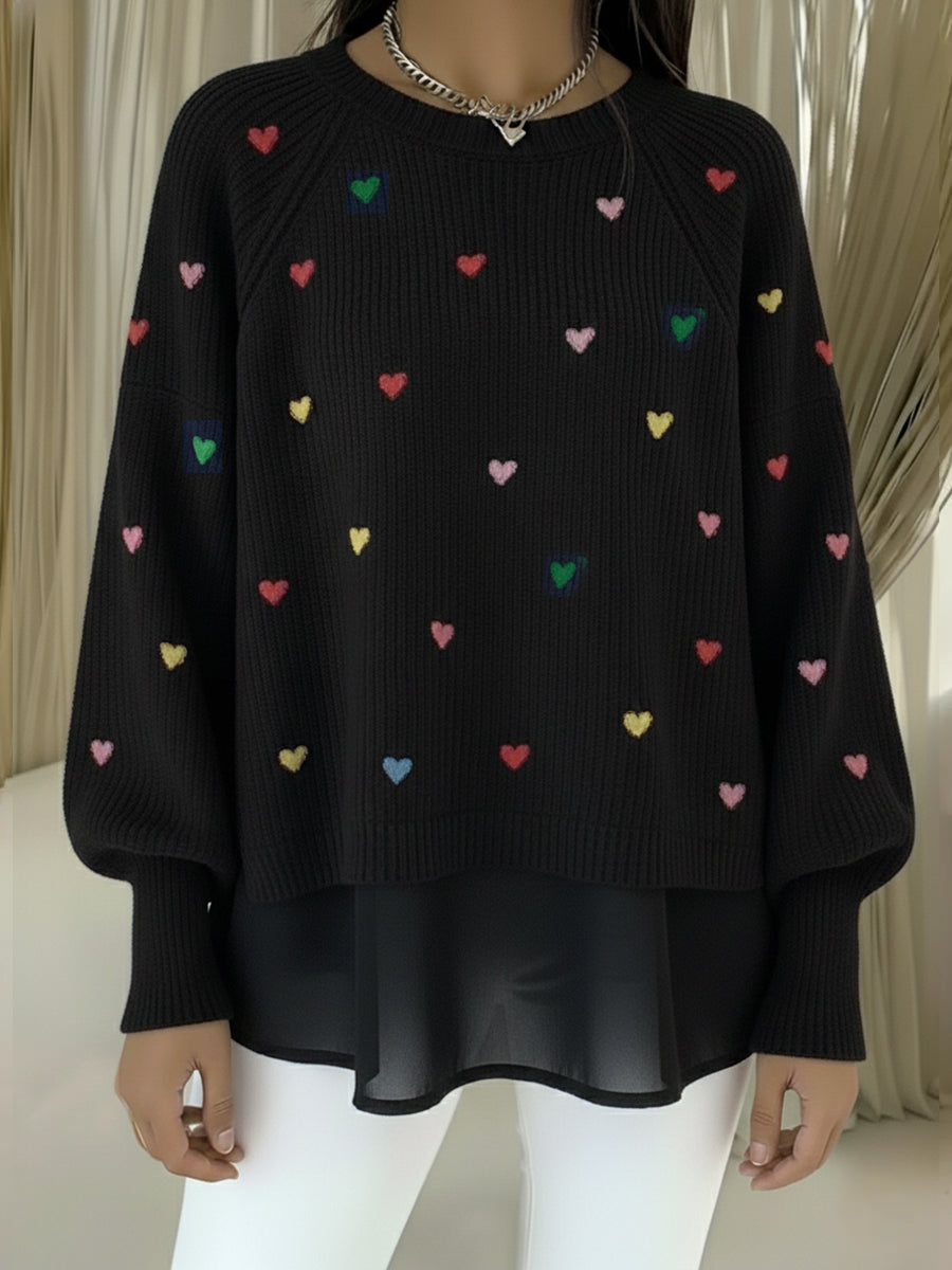 Comfortable Heart Embroidered Chiffon Patchwork Pullover Sweater