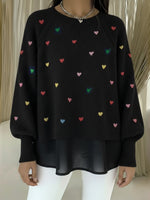 Comfortable Heart Embroidered Chiffon Patchwork Pullover Sweater