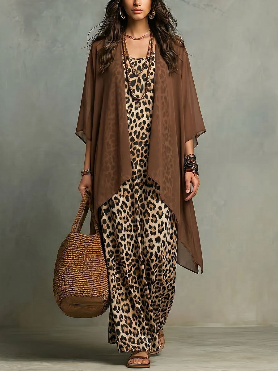 Women's Loose-fit Casual Leopard Print Sleeveless Round-neck Dress With Chiffon 3/4-sleeve Shawl Jacket