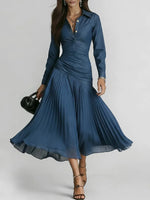 Elegant Patchwork Pleated Chiffon Denim Dress