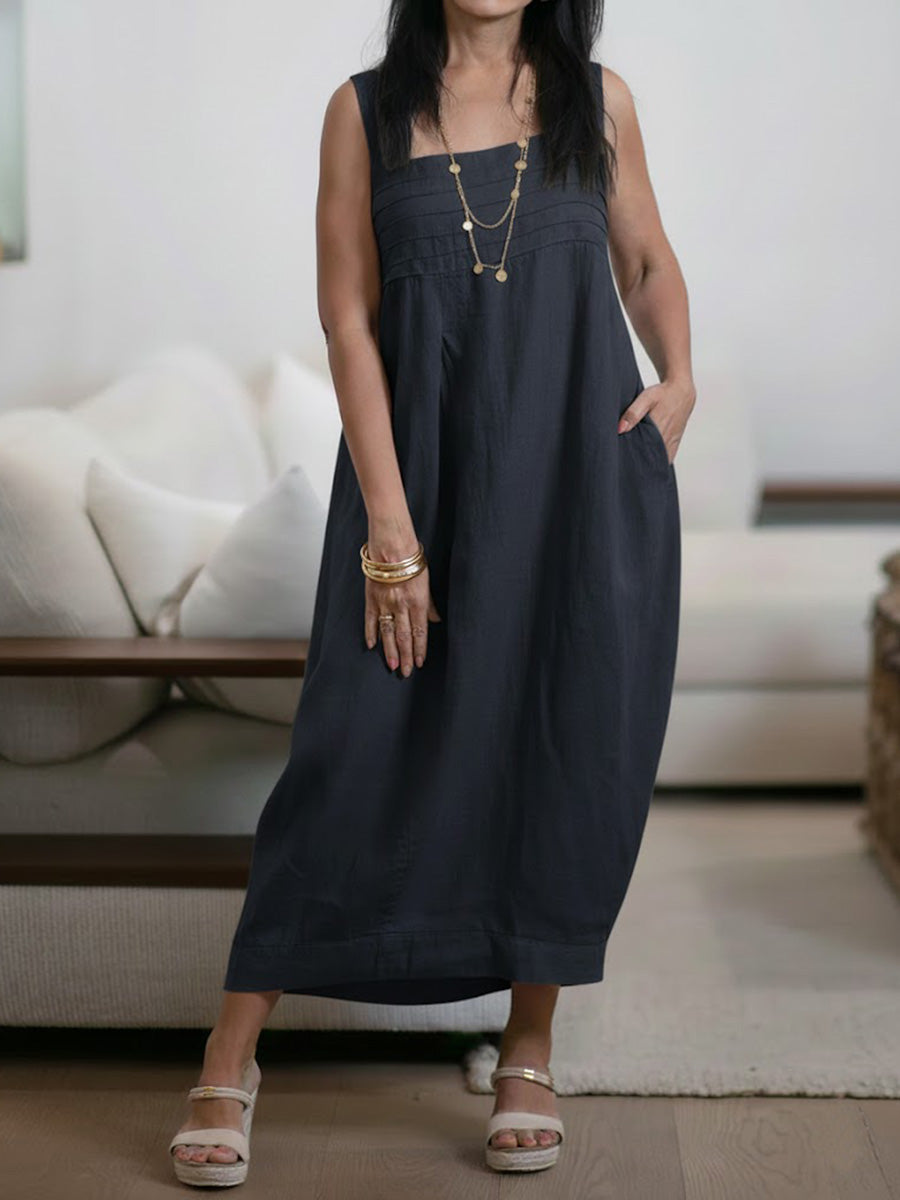 Women's New Spring Collection Square-neck Sleeveless Casual Loose Cotton And Linen Sundress.