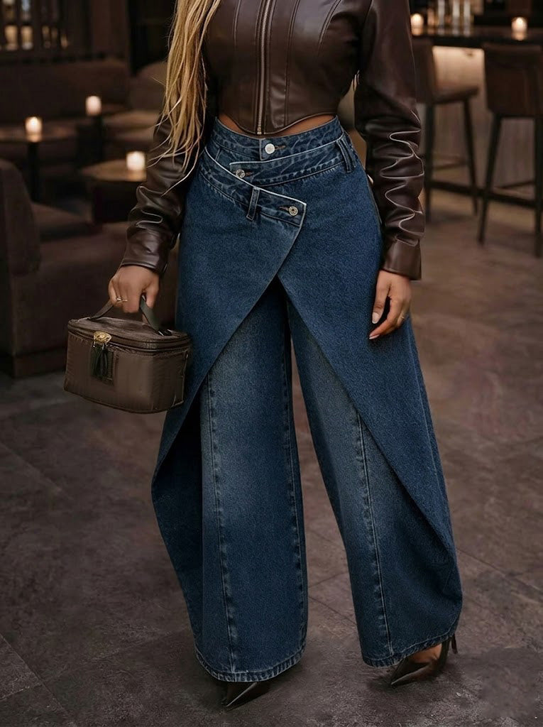 American Retro Style: Irregular High-waisted Wide-leg Pants With Crossover Design And Metal Buckle — Slimming Fit & Fluid Drape
