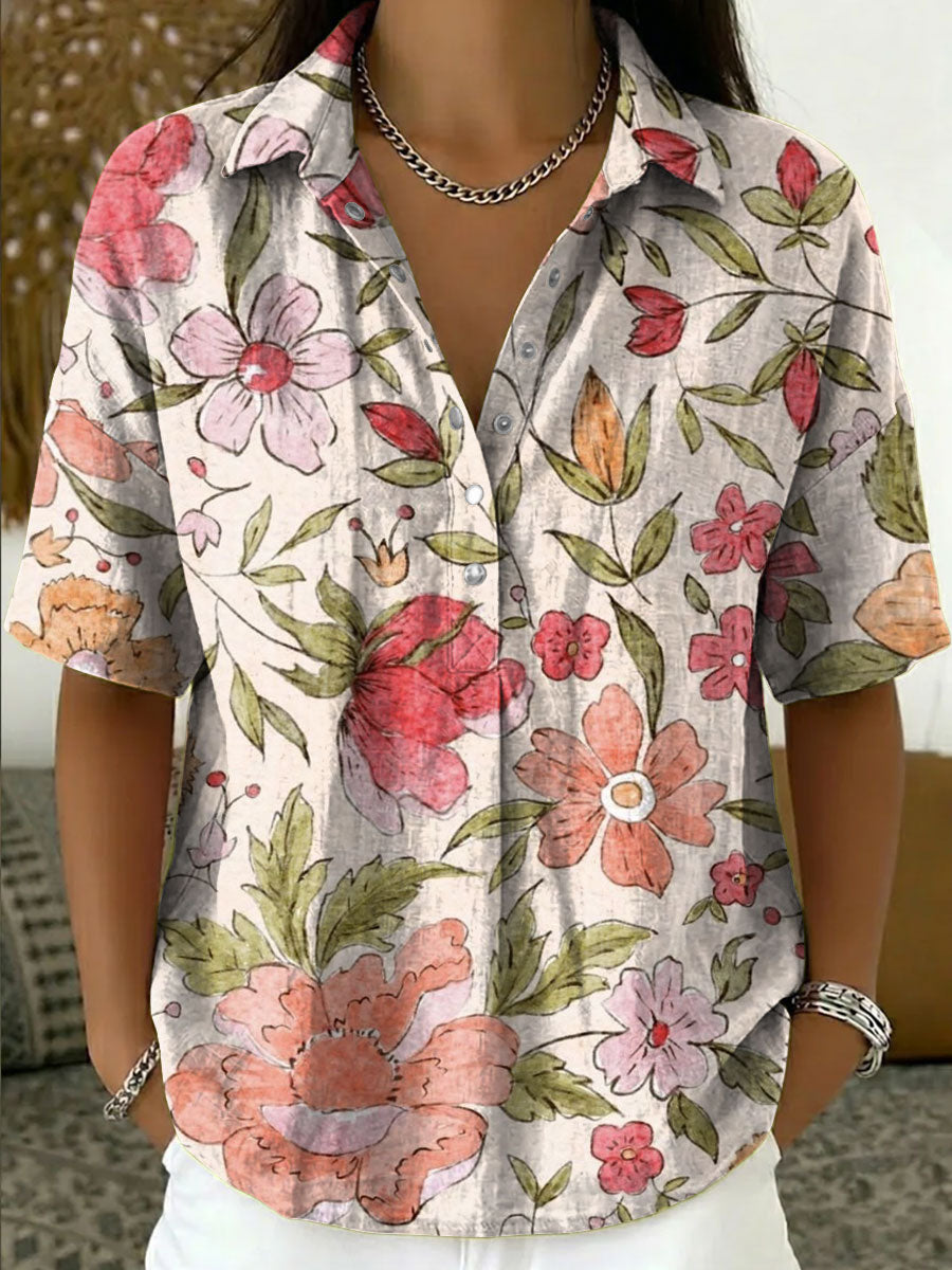 Women's Vintage Botanical Floral Casual Polo Collar Short-sleeved Linen And Cotton Shirt