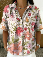 Women's Vintage Botanical Floral Casual Polo Collar Short-sleeved Linen And Cotton Shirt