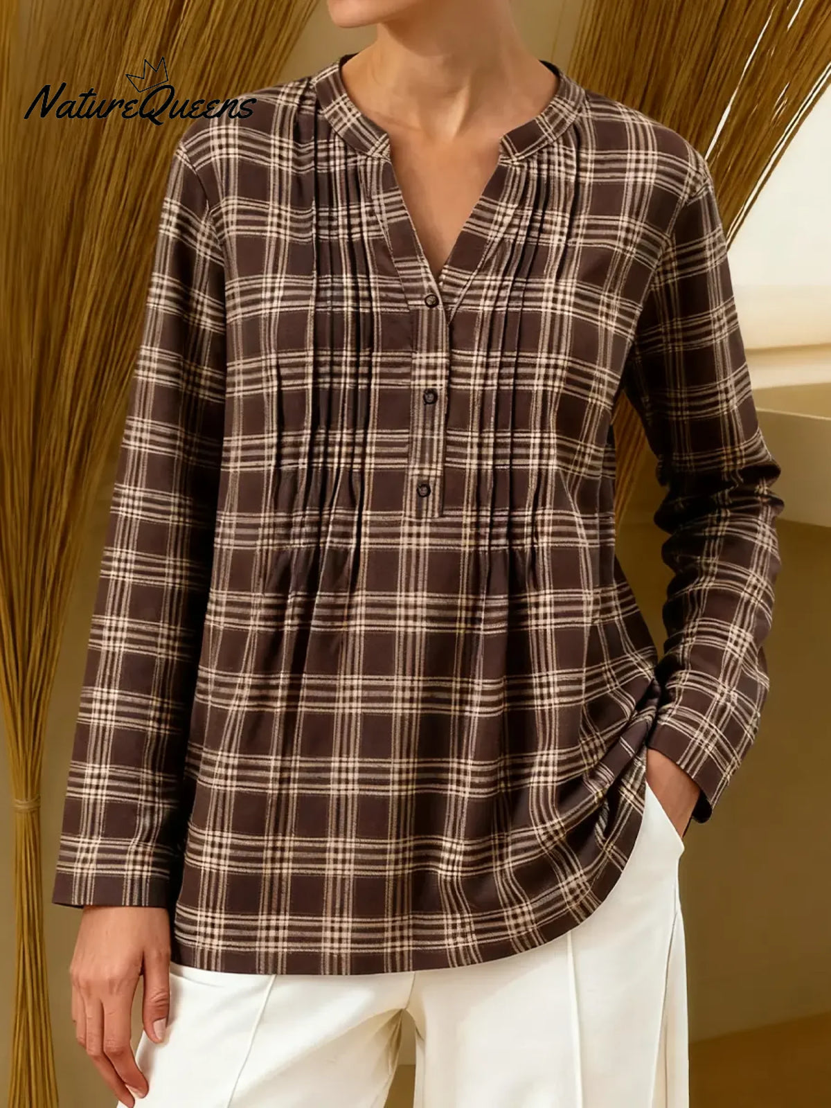 Women's Plaid Print V-neck Long-sleeved Casual Loose Cotton Linen Top