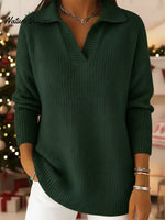 Casual Loose-fitting Polo Neck V-neck Knitted Pullover