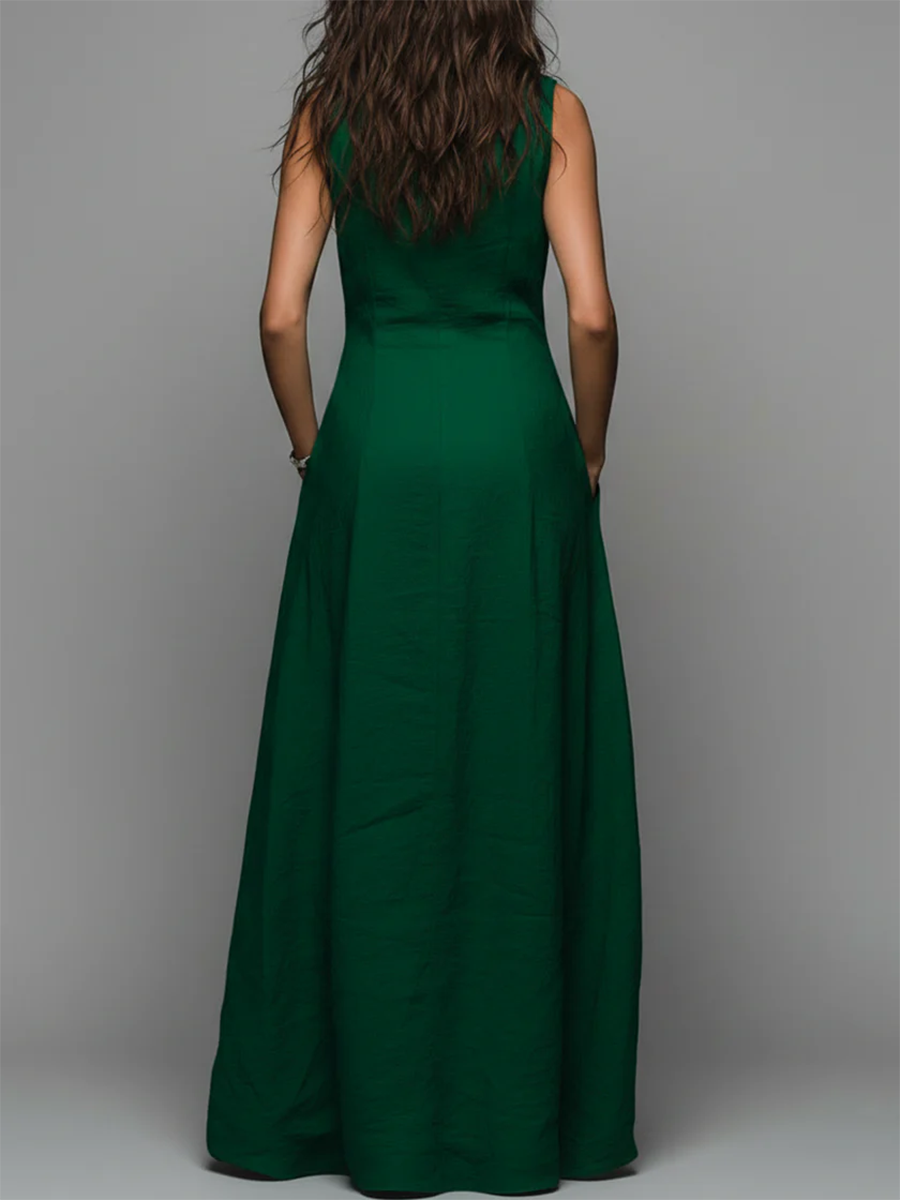Elegant Emerald Green Cotton-linen Maxi Dress With Gold Print