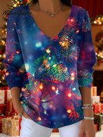 Women's Christmas Lanterns Gradient Snowflake Pattern Art Print V-neck Solid Color Loose Shiny Sweater