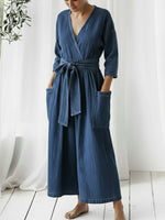 Casual Loose-fitting Denim Jumpsuit With Waist Tie