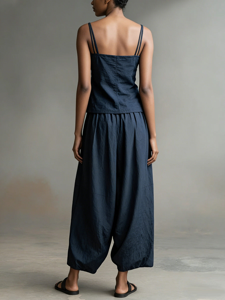 Women's Solid Color Sleeveless Casual Loose Camisole Top With Elastic Waist And Wide-leg Pants Cotton Set