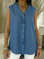 Casual Sleeveless Denim Shirt With Ruffled Trim
