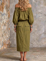 Women's Solid-color Off-shoulder 3/4 Sleeve Casual Loose Cotton-linen Dress
