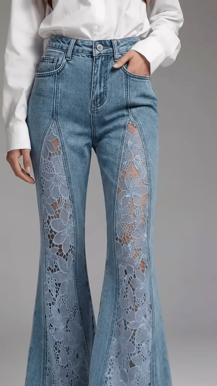 Women's Flared Denim Pants with Cutout Lace Paneling