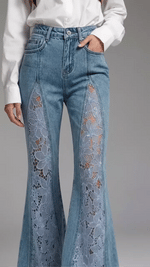 Women's Flared Denim Pants with Cutout Lace Paneling