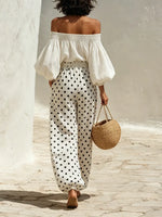 Women's Vacation-style Off-shoulder Top With Polka Dot Wide-leg Pants Set