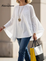 Women's Solid Color Round Neck Batwing Sleeve Casual Loose-fitting Cotton And Linen Top.